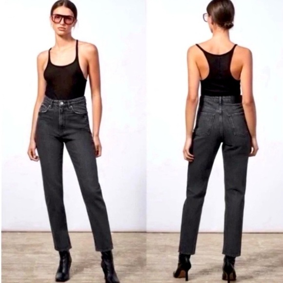 ZARA black high rise denim relaxed fit straight leg jeans EUC size‎ 0 - Picture 1 of 11
